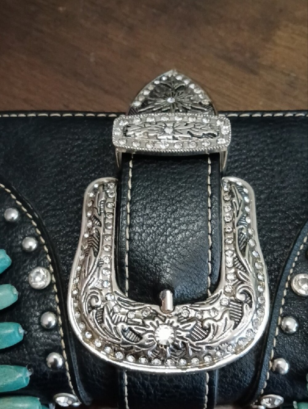 Montana West Euc Black Wallet Wristlet with Turquoise Accent and Silver Buckle - Picture 12 of 13